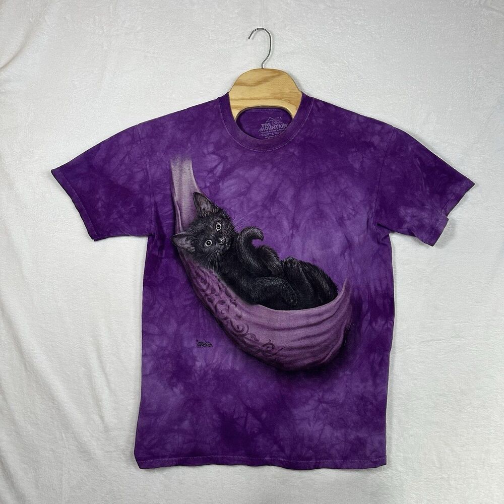 The Mountain Kitten In Teacup T Shirt Mens Large Purple Tie Dye Cat Graphic‎ Tee